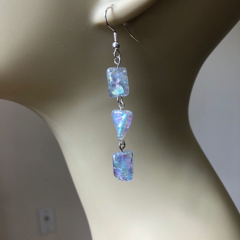 Blue Aurora Borealis Dangle Earrings, Handmade, Twist Beads, Silver Plate